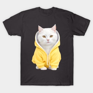 Beautiful white british shorthair wearing yellow hoodie T-Shirt